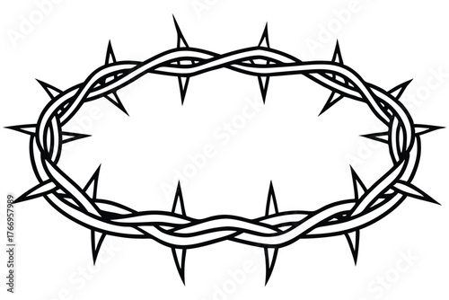 Sharp black crown of thorns with an interlaced design is presented on a white backdrop