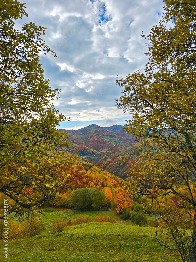 Fototapeta premium Autumn mountain landscape with colorful forest and clouds in the blue sky. Muntele Rece, Cluj, Romania