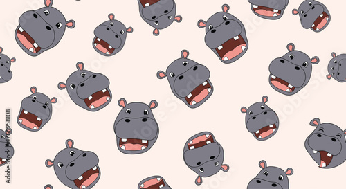 A cheerful pattern of cartoon hippos with open mouths and big smiles on a light pink background.