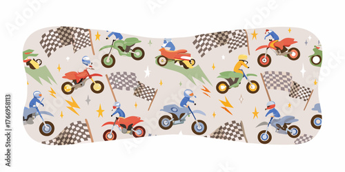 Fun cartoon illustration of a motocross race with checkered flags and stars
