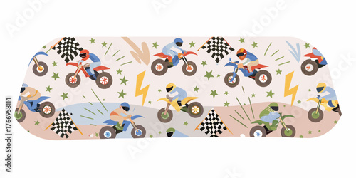 Motocross race with checkered flags and stars in a playful cartoon style