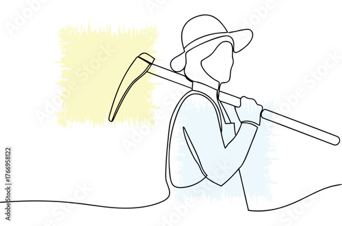 Single line drawing of a farmer carrying a hoe with field background showing hard work and dedication to agriculture and sustainable farming practices in minimalist design