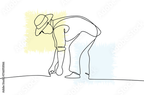 Single line drawing of farmer planting seeds agriculture and gardening minimalist illustration agricultural worker in field with hat and earthy color washes