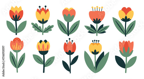 A collection of stylized, colorful cartoon flowers with green leaves and stems.