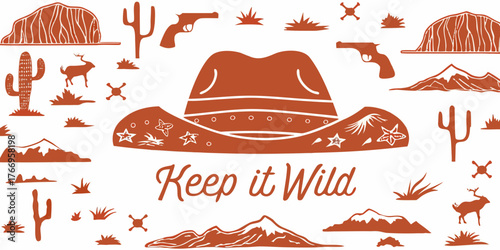 Western cowboy hat with desert landscape elements and keep it wild text