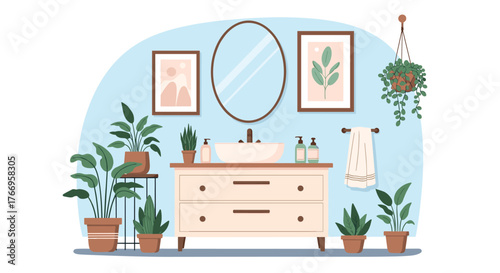Illustration of a modern bathroom with plants and a vanity.