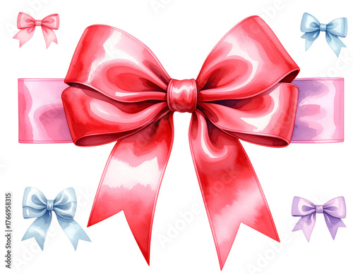  Watercolor Decorative Bow Set in Pastel Colors, Hand-Painted Clipart PNG.And transparent the background.