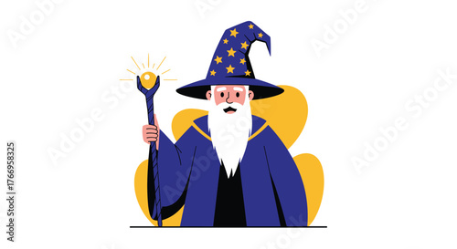 Cartoon wizard in a blue robe and starry hat holding a glowing staff.