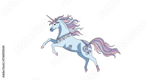 A stylized, light blue unicorn with a flowing mane and tail in shades of pink and purple, prancing majestically.