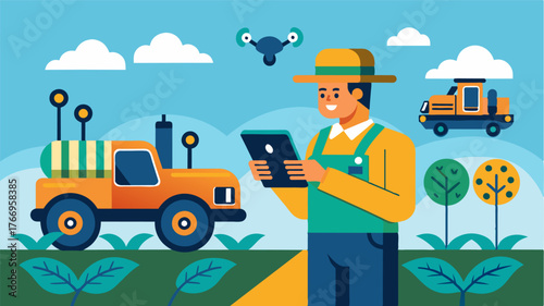 A farmer monitors and controls a fleet of autonomous soil tillers from his smartphone from the comfort of his home maximizing efficiency and minimizing labor costs.. Vector illustration