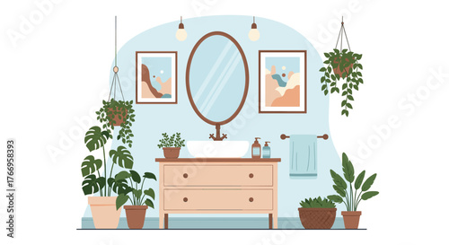 Boho-inspired bathroom vanity with a large mirror, plants, and decorative art.