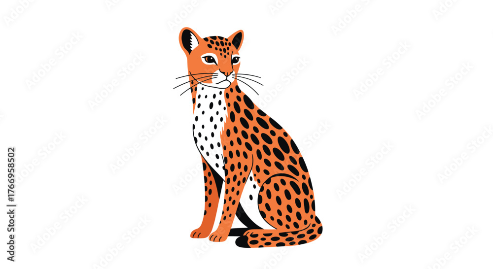 Fototapeta premium Stylized illustration of a seated cheetah with orange fur and black spots against a white background.