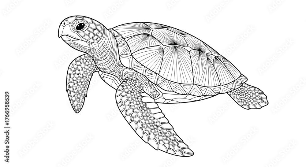 Fototapeta premium Intricate black and white line drawing of a sea turtle with detailed patterns on its shell and flippers.