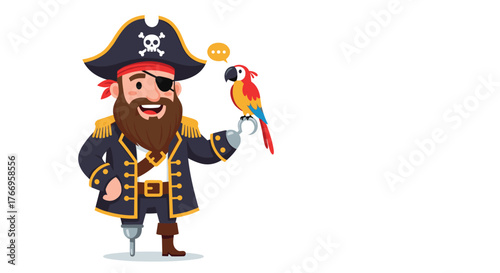 Friendly cartoon pirate with a parrot on his hook hand and a speech bubble.