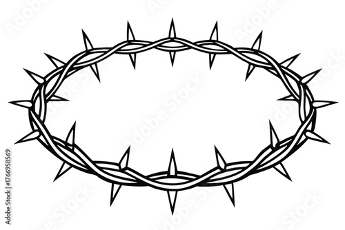 Black line drawing depicts stylized crown of thorns with sharp spikes on a white backdrop