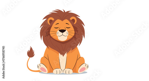 A cute cartoon lion with closed eyes and a gentle smile sits calmly, showcasing its mane and tail.