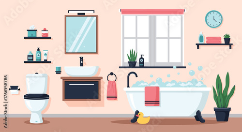 A clean and modern bathroom interior with a bathtub, sink, and toilet.