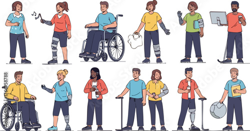 Diverse characters vector set inclusive of people with disabilities and different professions in a flat, colorful illustration style against a clean white background.