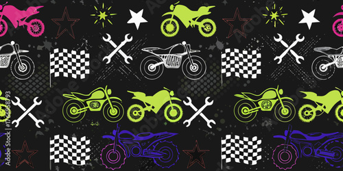 Seamless pattern of colorful motorcycles checkered flags wrenches and stars on a grunge background