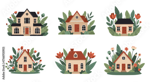 Collection of charming, stylized houses nestled among vibrant greenery and flowers.