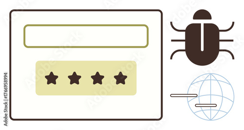Browser interface with search bar, four-star system, bug icon, and globe highlighting cyber threats and solutions. Ideal for cybersecurity, threat detection, data analysis, system testing, risk