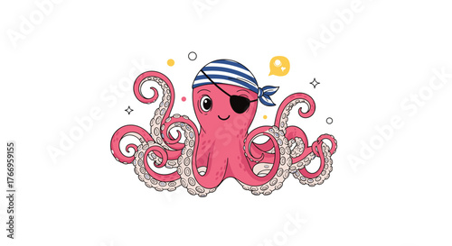 Cute cartoon pirate octopus with a striped bandana and eye patch on a white background.