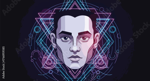 Digital illustration of a man's face surrounded by abstract minimalist neon head silhouettes and geometric shapes in a dark background.