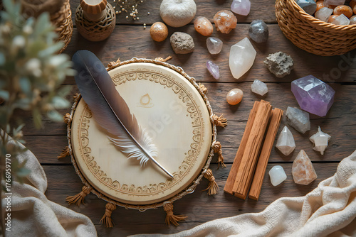 Sacred Shamanic Ritual Tools: Medicine Drum, Feather Wand, and Elemental Crystals for Earth Connection and Spirit Work - AI generated 