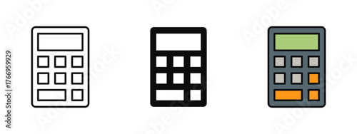 Calculator icon set illustrated in stroke, fill, and color styles, isolated on a white background. Perfect for finance apps, education tools, accounting dashboards, and business analytics visuals.