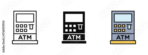 ATM machine icon created in stroke, fill, and color variations, isolated on a white background. Perfect for banking apps, finance dashboards, cash withdrawal visuals, and money transaction concepts.