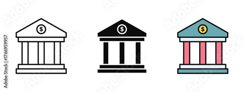 Bank building icon set illustrated in stroke, fill, and color variations, isolated on a white background. Ideal for finance apps, government visuals, and economic institution concept.