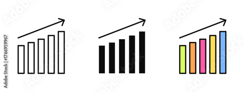 Growth chart icon set illustrated in stroke, fill, and color styles, isolated on a white background. Ideal for business reports, financial dashboards, performance tracking, and success metrics visuals