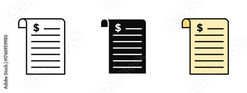Invoice icon created in stroke, fill, and color variations, isolated on a white background. Ideal for billing apps, finance dashboards, accounting tools, and business management systems.