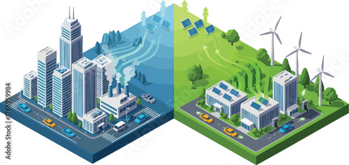 Isometric illustration of a cityscape with pollution on one side and a clean, green landscape with wind turbines on the other, symbolizing a tribute to environmental conservation with flags