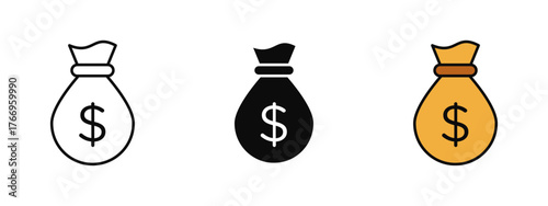 Money bag icon designed in stroke, fill, and color styles, isolated on a white background. Perfect for finance apps, investment dashboards, banking systems, and wealth management visuals.