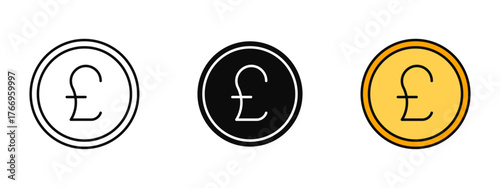 Pound symbol icon set illustrated in stroke, fill, and color variations, isolated on a white background. Ideal for finance apps, currency dashboards, trading systems, and UK business concepts.