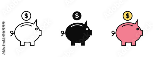 Piggy bank icon created in stroke, fill, and color variations, isolated on a white background. Suitable for finance apps, savings platforms, budget planners, and investment dashboards.
