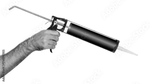 Caulking gun in hand. Collage human hand holding polyurethane expanding foam glue gun applicator. Vector