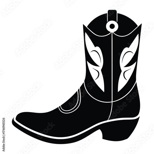 Black leather cowboy boot with detailed white decorations isolated on the white background