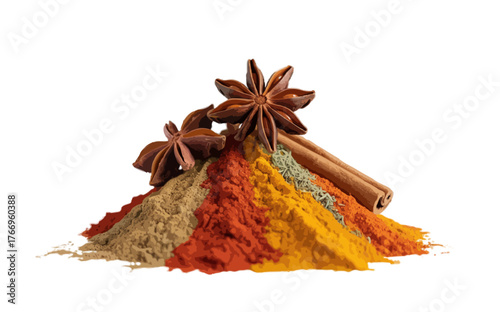pile of different colorful spices isolated on transparent background