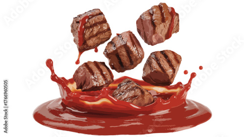  meat pieces splashing in ketchup sauce isolated on transparent background 