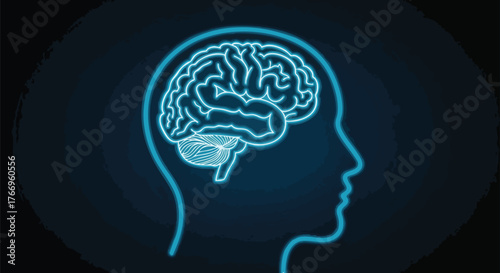 Abstract minimalist neon head silhouettes with a glowing blue brain against a dark background.