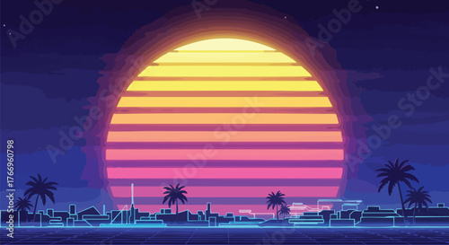 Vibrant 80s neon sunset over a tropical beach with palm trees and a retro-futuristic ambiance, evoking a nostalgic future.