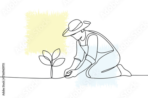 Line art illustration of a gardener planting a seedling in the soil with care and dedication showing growth and agriculture concept with pastel colors background