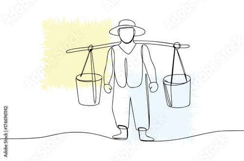 Minimalist line drawing of farmer carrying buckets on shoulder pole symbolizes hard work agricultural tradition and sustainable farming practices in rural communities depicting resilience