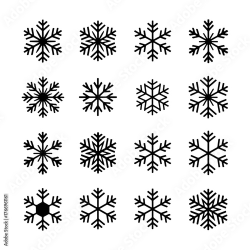 Unique black snowflake designs arranged in a grid pattern ideal for winter decorations