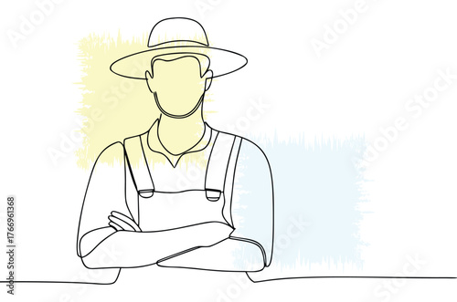 One line drawing of a farmer standing with arms crossed expressing confidence and experience agricultural field worker in overalls and hat with minimal background and linear style