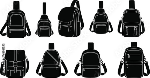 Backpack silhouettes, zipper pocket, flap cover, strap design, black icons, tactical gear, fashion accessory, travel layout, school bag
