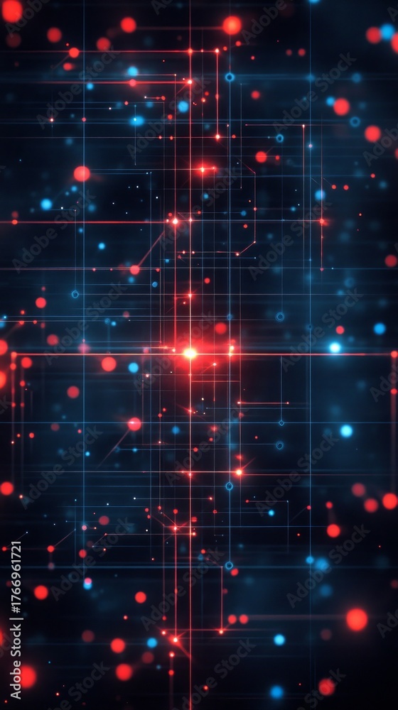 Obraz premium Futuristic scheme with bright lines and dots on a dark background, representing technology and innovation. Suitable for illustrations on digitalisation, artificial intelligence, scientific discoveries