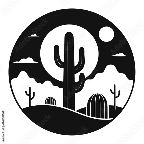 Stylized desert landscape with saguaro cactus under a large moon and sun